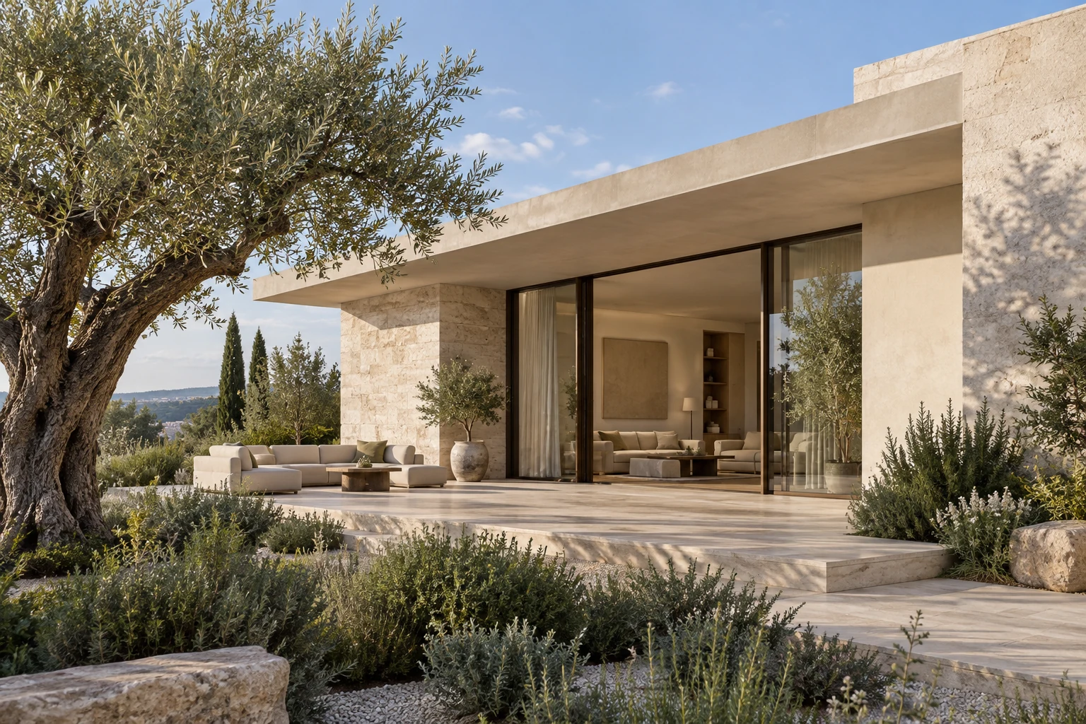 Colour concept of a contemporary stone villa with glazing opening onto a Mediterranean garden.