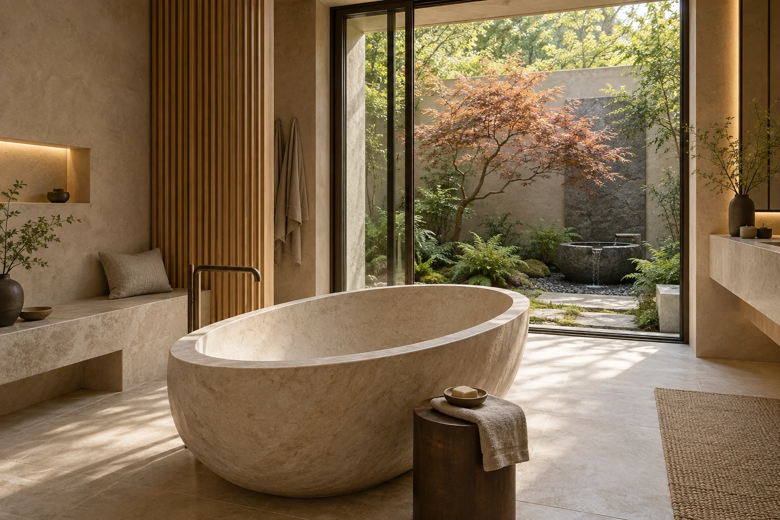 Colour concept of a private spa with a sculptural stone bath overlooking a secluded garden.