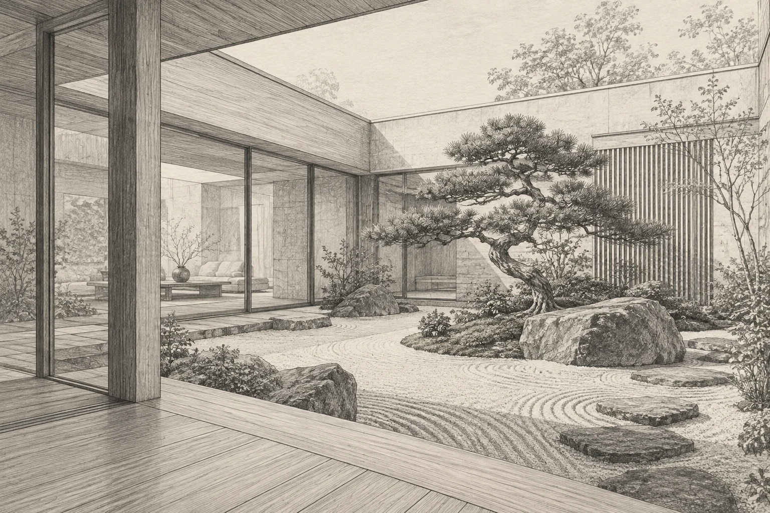 Pencil drawing of a contemporary Zen garden with a sculpted pine, stones and raked gravel, framed by timber and glazing.