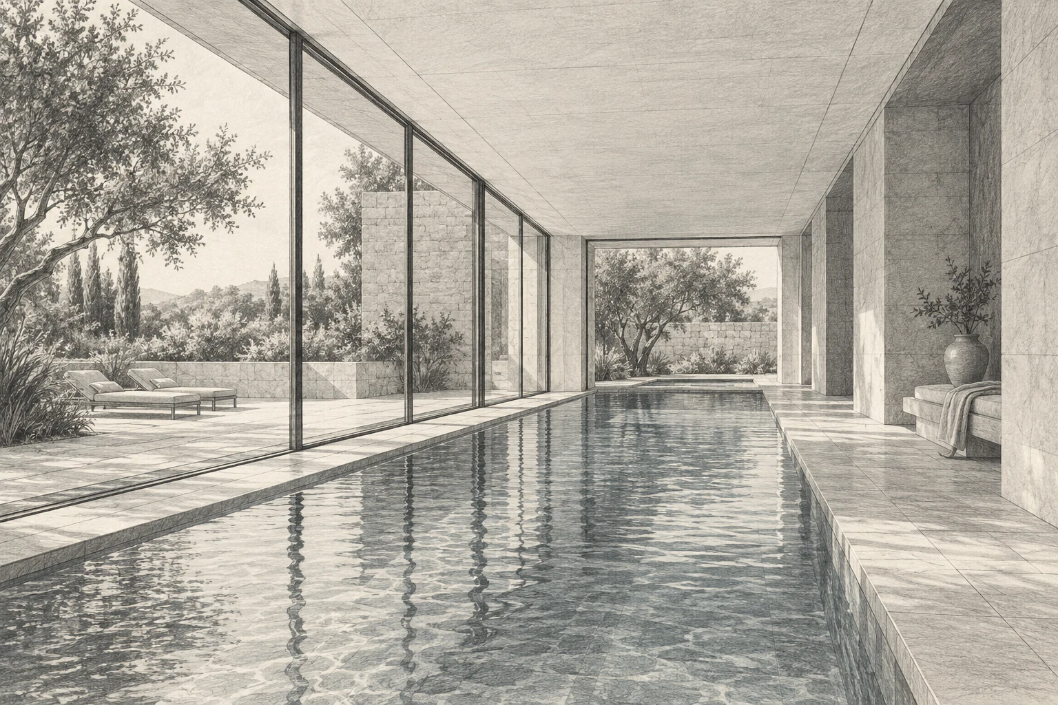 Pencil drawing of a modern residential pool framed by stone, large glazed openings and a garden.