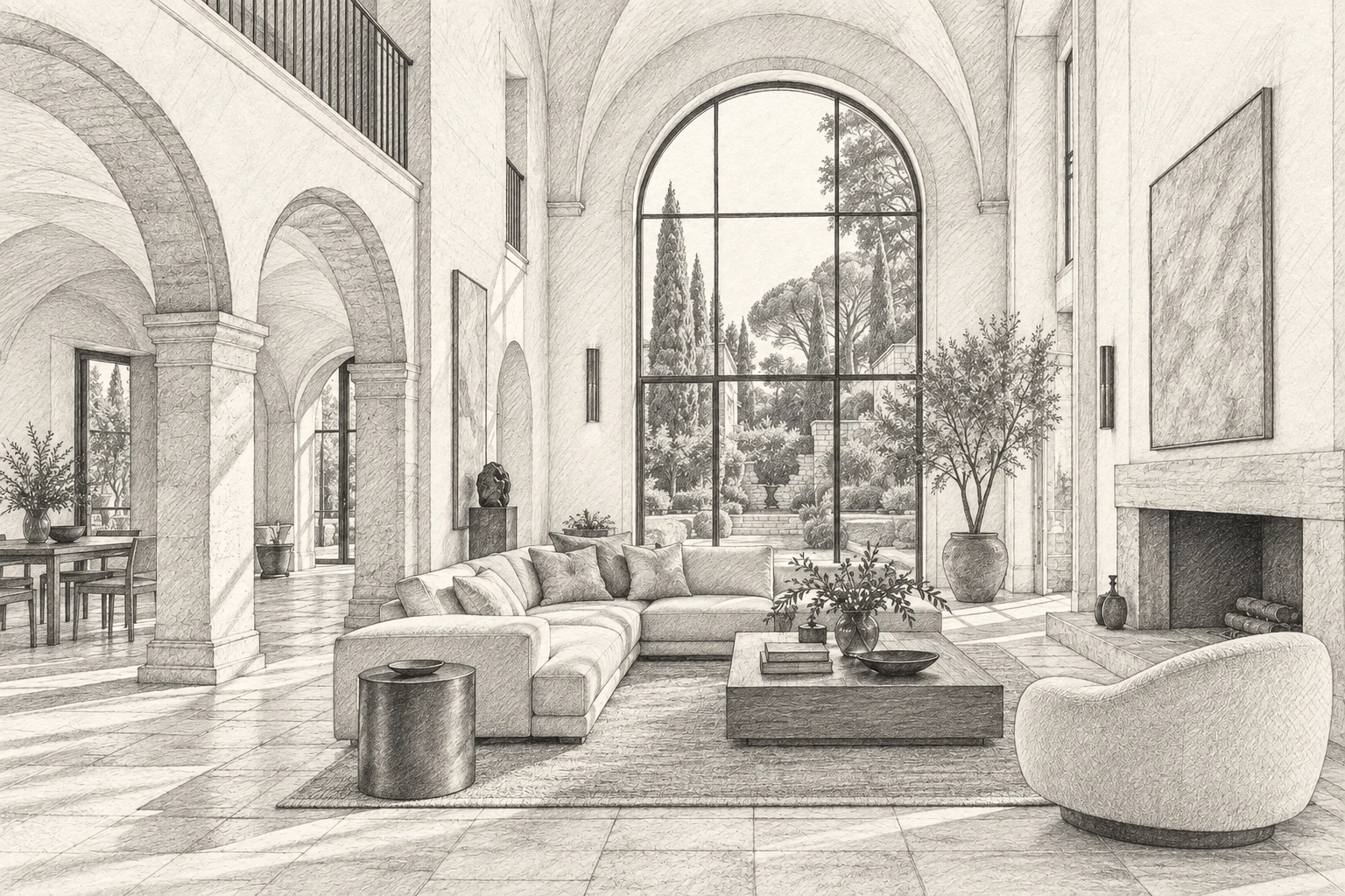 Pencil drawing of a living room with a large arched window overlooking a garden.