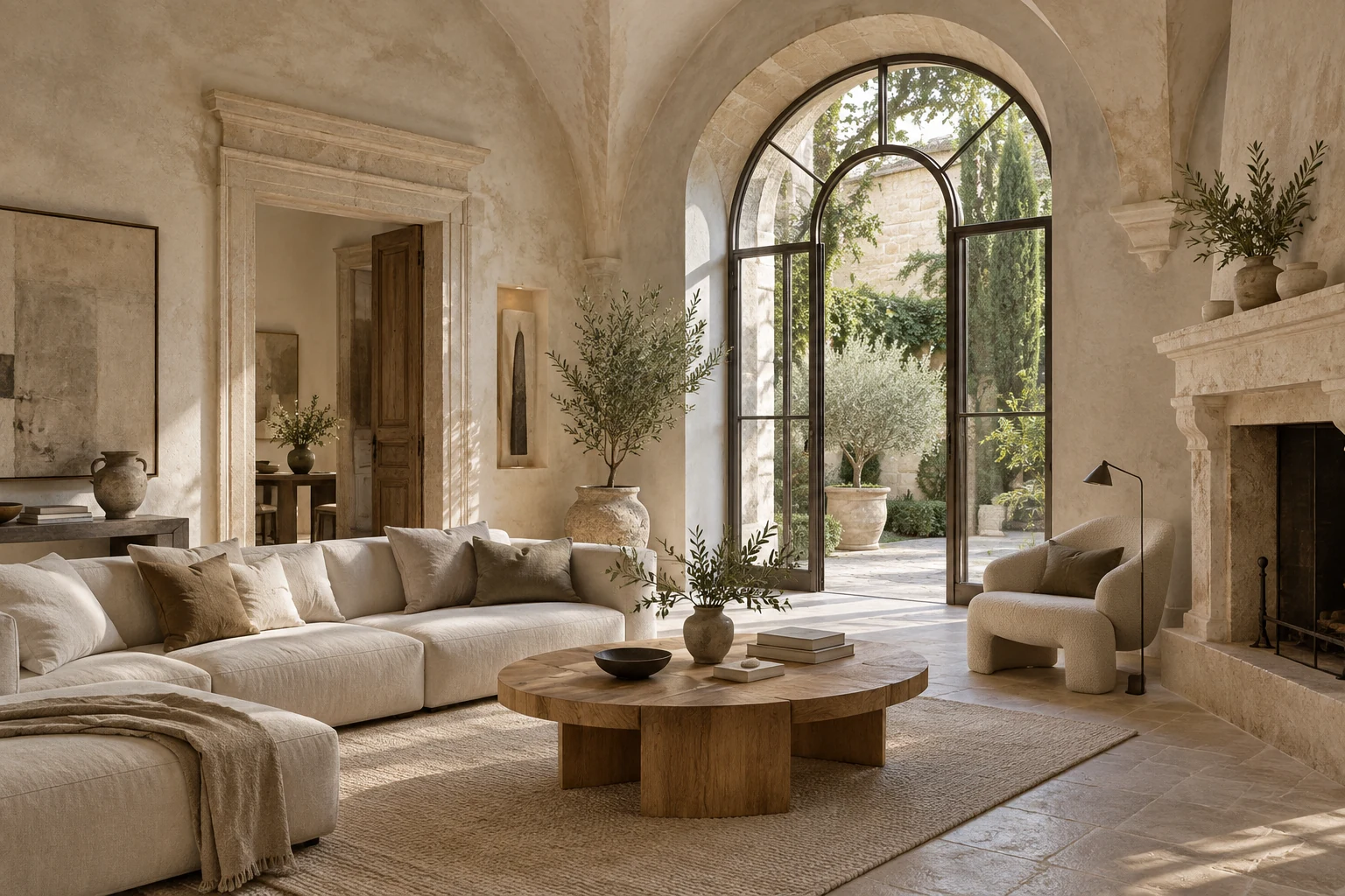 Colour concept of a renewed historic living room with stone vaults and contemporary furnishings.