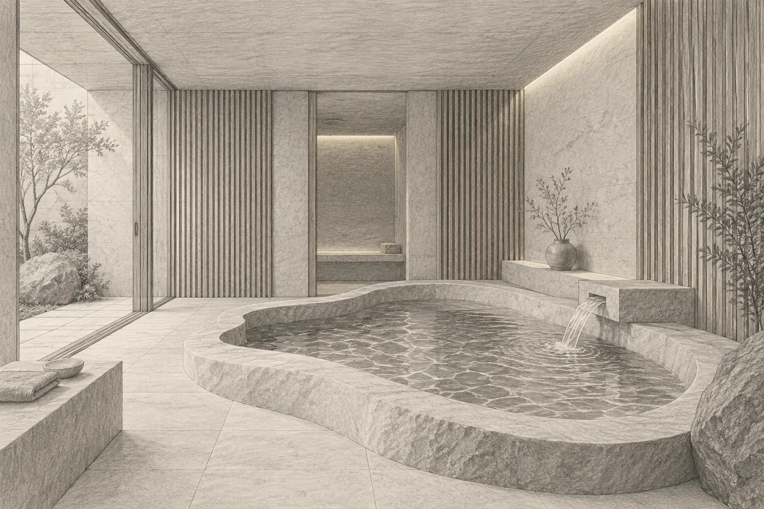 Pencil drawing of a contemporary private spa with a sculptural stone pool and timber slatted walls.